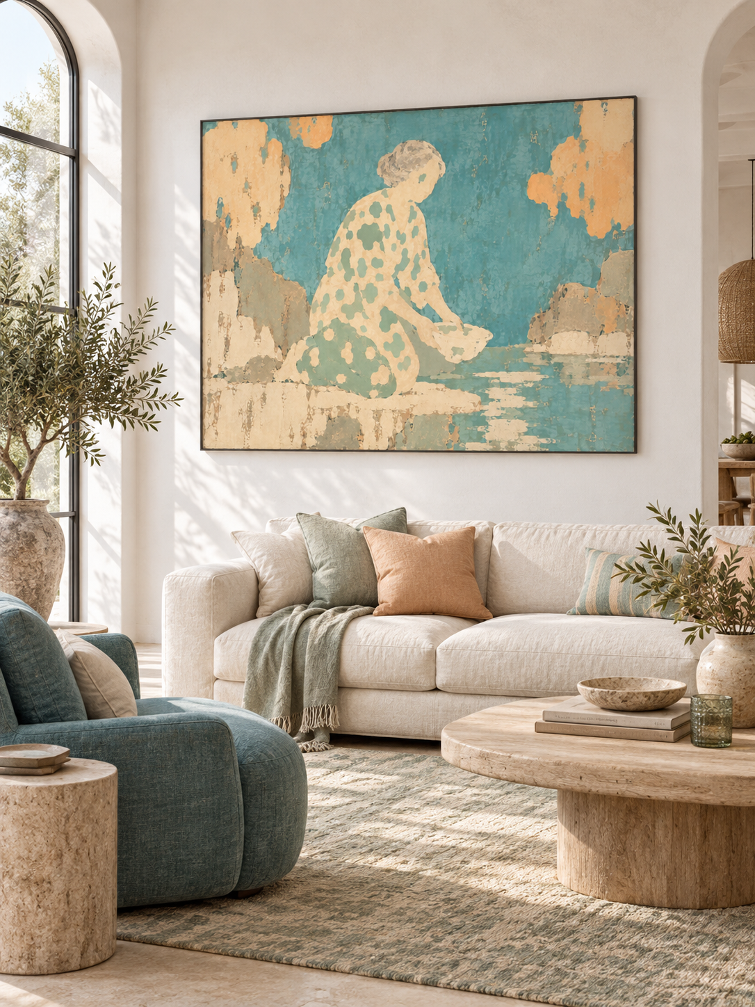Contemporary Woman Canvas Art In Soft Blue And Cream For Living Room Decor
