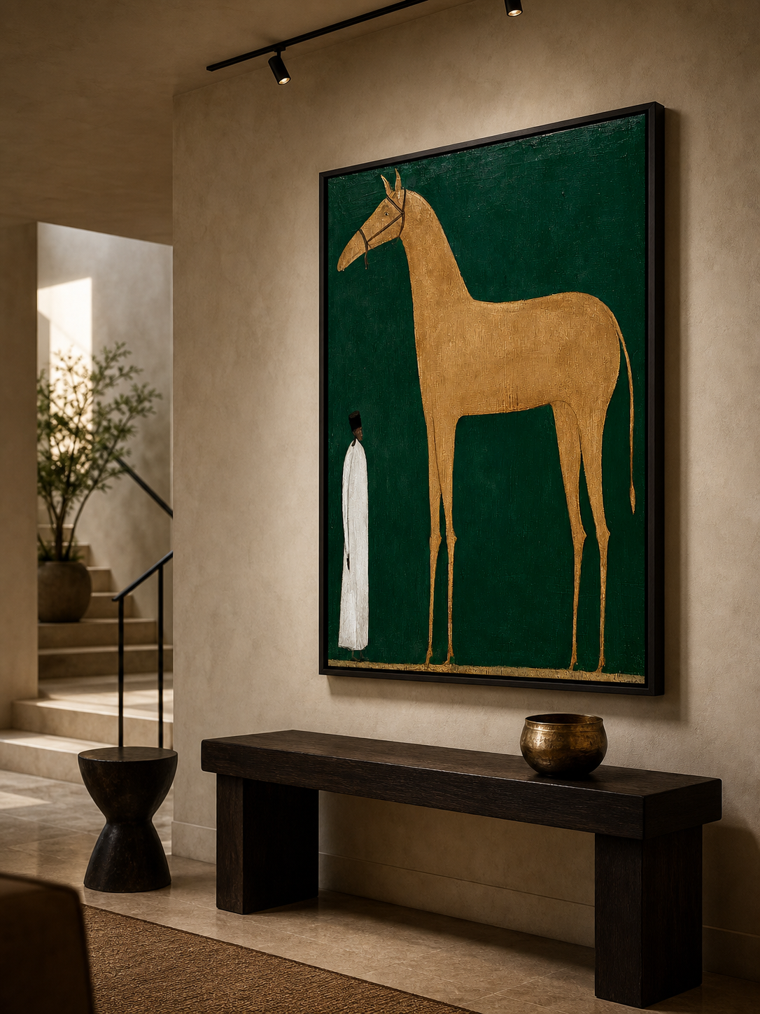 Vintage Minimalist Horse Painting With Figure In Green And Beige For Modern Living Room Decor