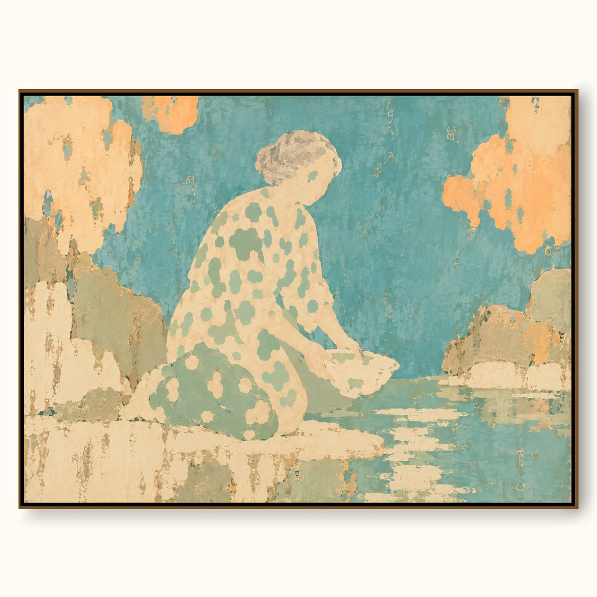 Contemporary Woman Canvas Art In Soft Blue And Cream For Living Room Decor