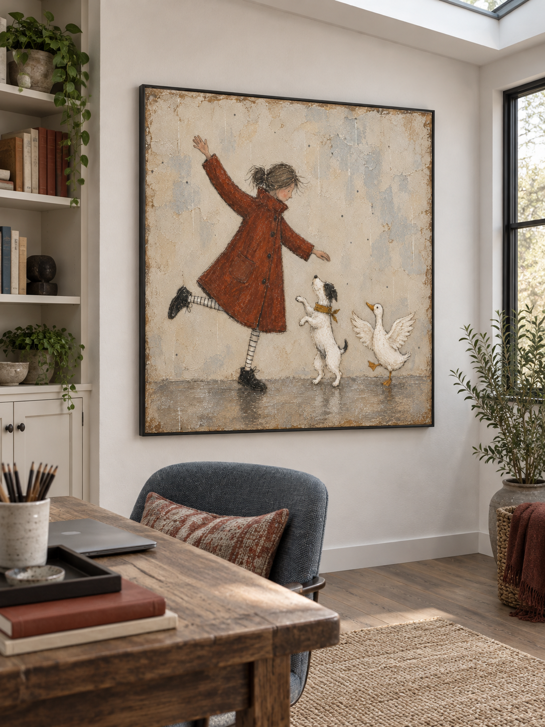 Hand-Painted Dancing Girl Canvas Art With Dog And Duck For Kids Room Decor