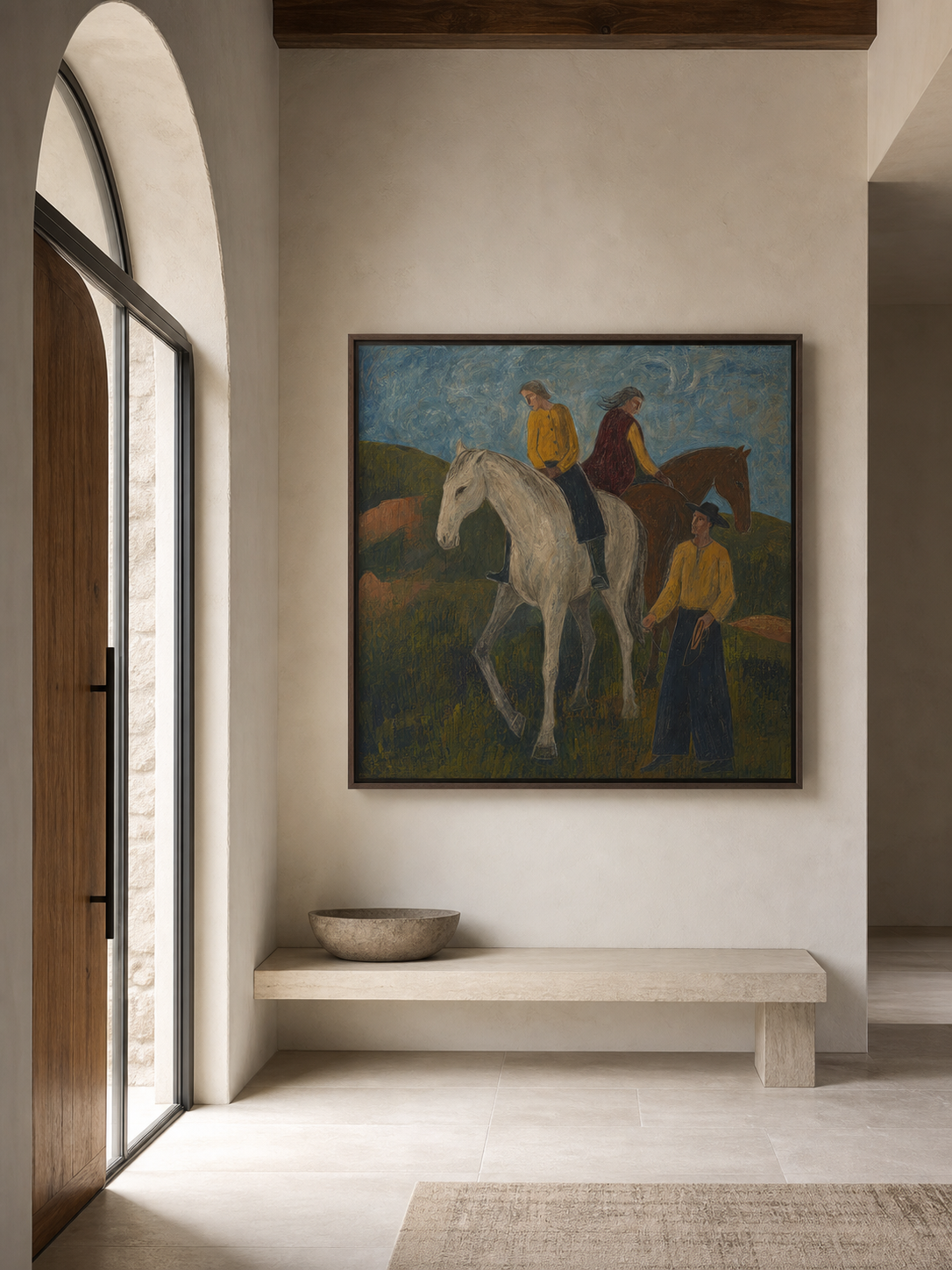 Contemporary Folk Art Painting Of Horses And Riders In Rustic Western Style