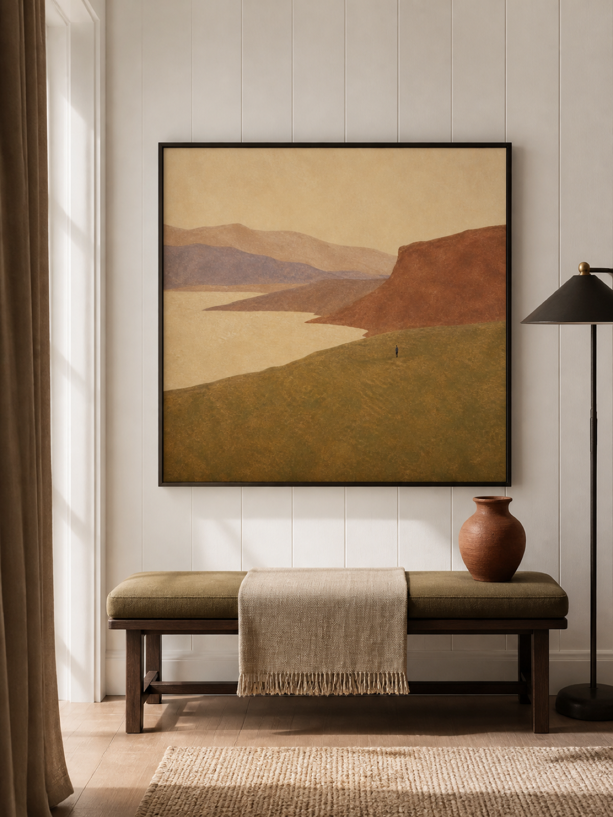 Solitary Figure Mountain Valley Hand-Painted Canvas Art In Earth Tones