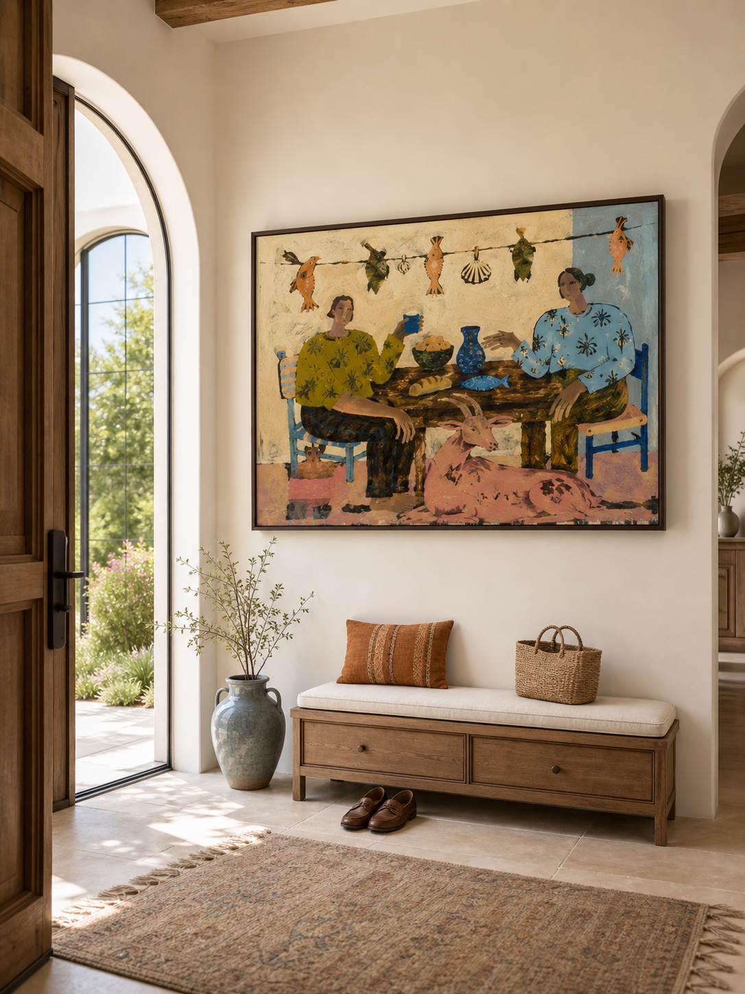 Large Minimalist Bohemian People Canvas Art Framed Original Retro Dining Room Painting