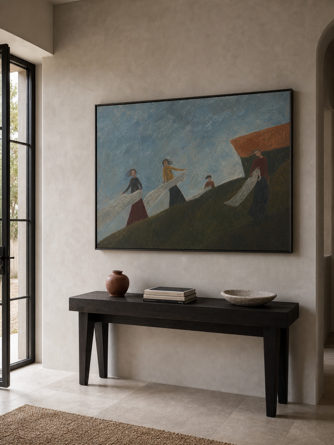 Expressive Modernist Oil Painting Of People And Nature With Dynamic Wind Motion