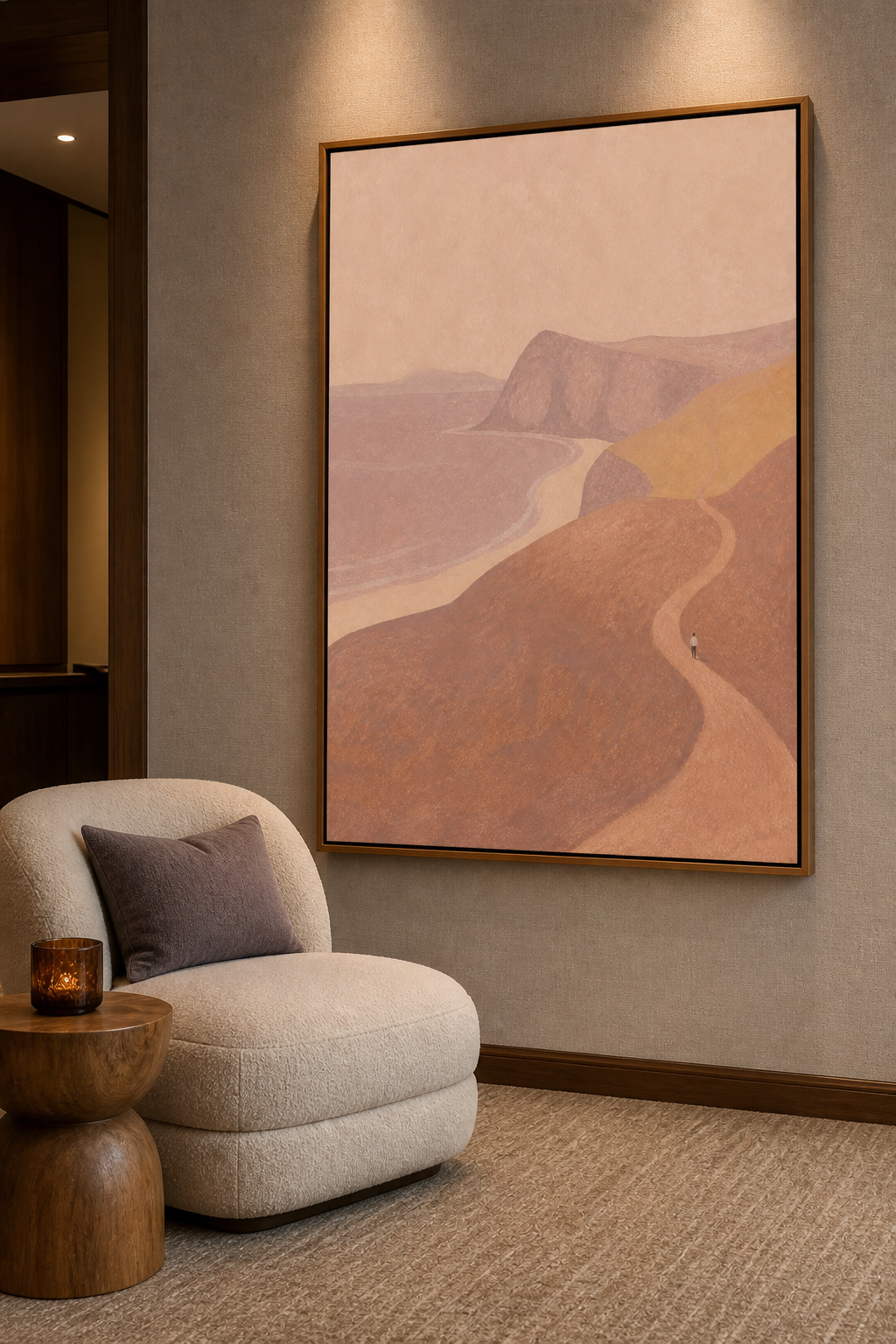 Minimalist Figure On Winding Path Hand-Painted Canvas Art In Earth Tones