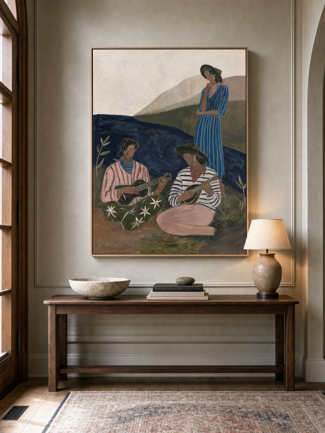 Original Hand Painted Seaside Musicians Painting Vintage Coastal Gathering Wall Art