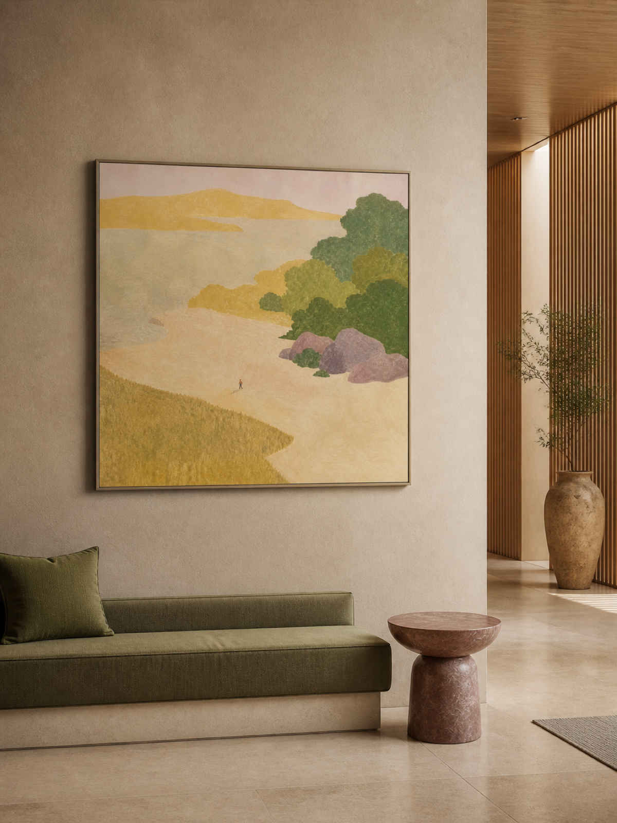 Large Hand Painted Minimalist Coastal Cove With A Tiny Figure Living Room Wall Art