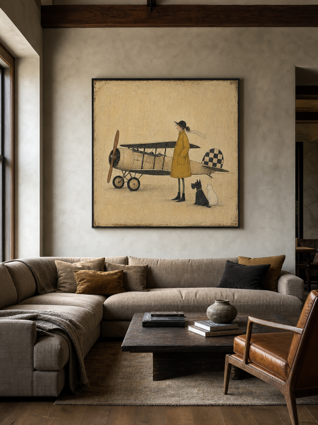 Vintage Airplane Painting With Girl And Pets Classic Aviation Art For Kids Room Decor