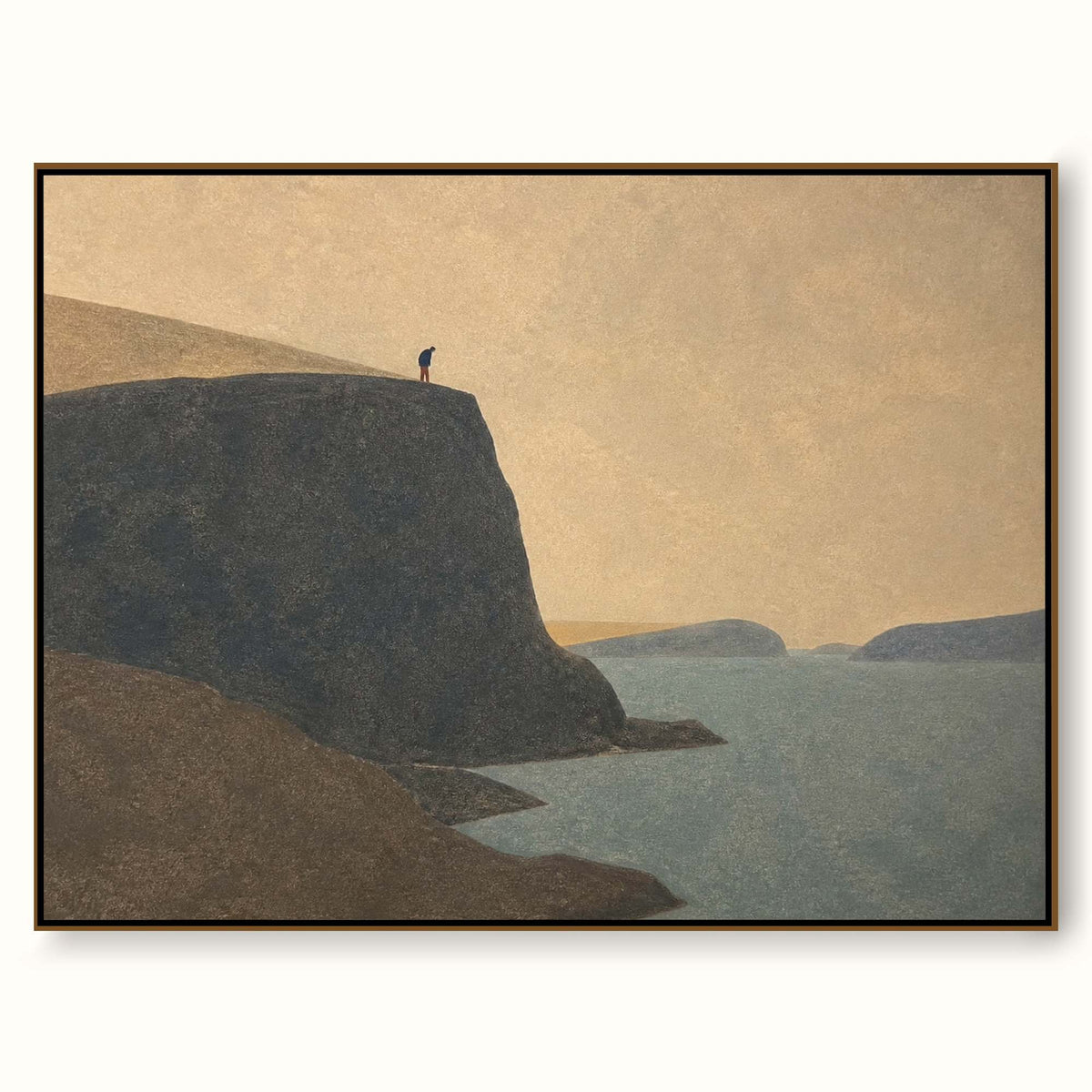 Minimalist Cliff Traveler Painting Hand-Painted Blue Inlet Wall Art