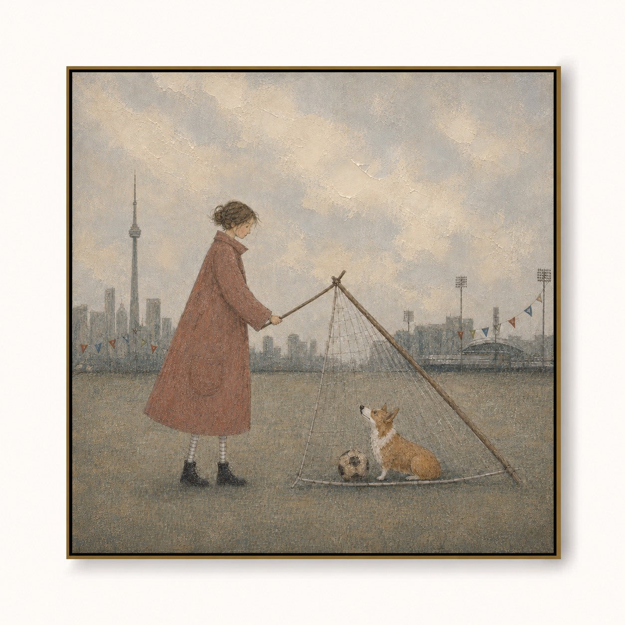 Original Hand Painted Corgi Soccer Painting Whimsical City Wall Art