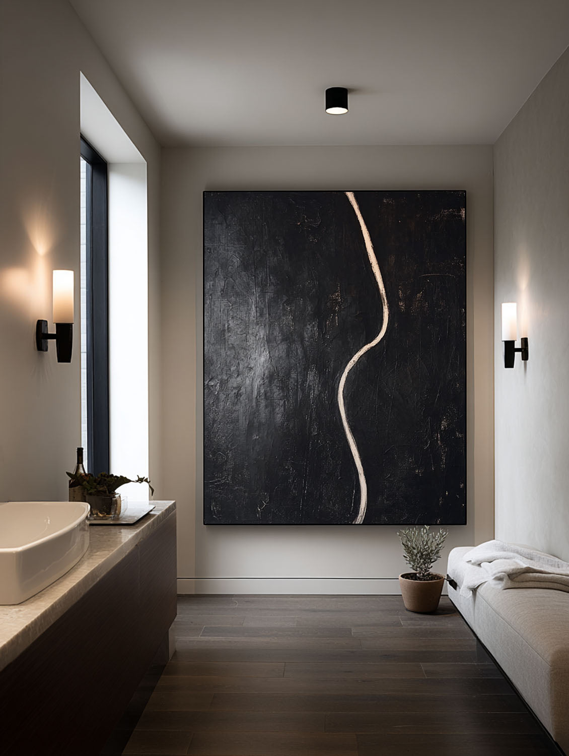 Minimalist Black Abstract Line Painting Contemporary Black Abstract Canvas Painting Handmade Black Minimalist Line Texture Art