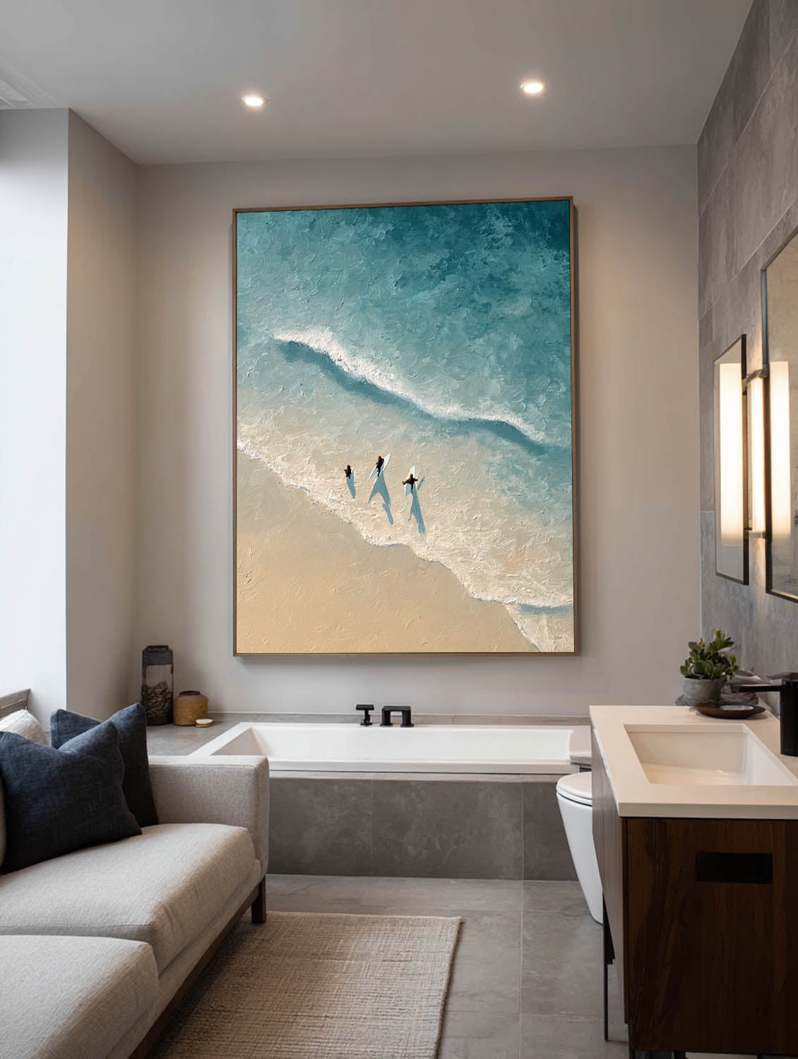 Handmade Blue and White Ocean Abstract Painting Blue and Beige Textured Surfing Wall Art Neutral Coastal Wall Decor