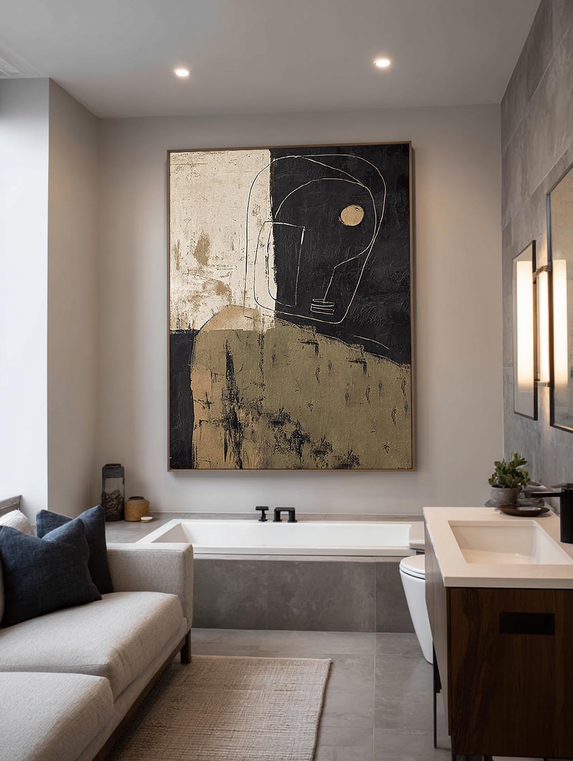Contemporary Beige And Black Abstract Face Painting Original Black Abstract Portrait Wall Art Minimalist Abstract Figurative Oil Painting