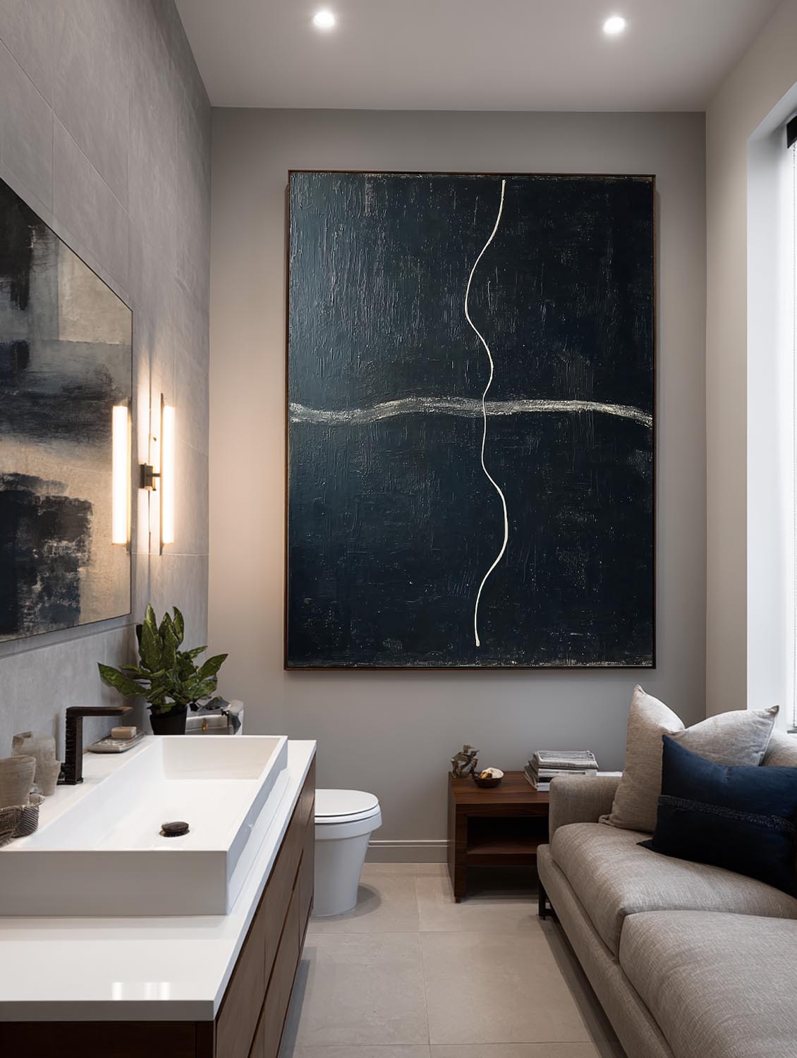 Handmade Modern Black Line Painting Large Minimalist Black Line Wall Art Large Abstract Wall Decor For Living Room