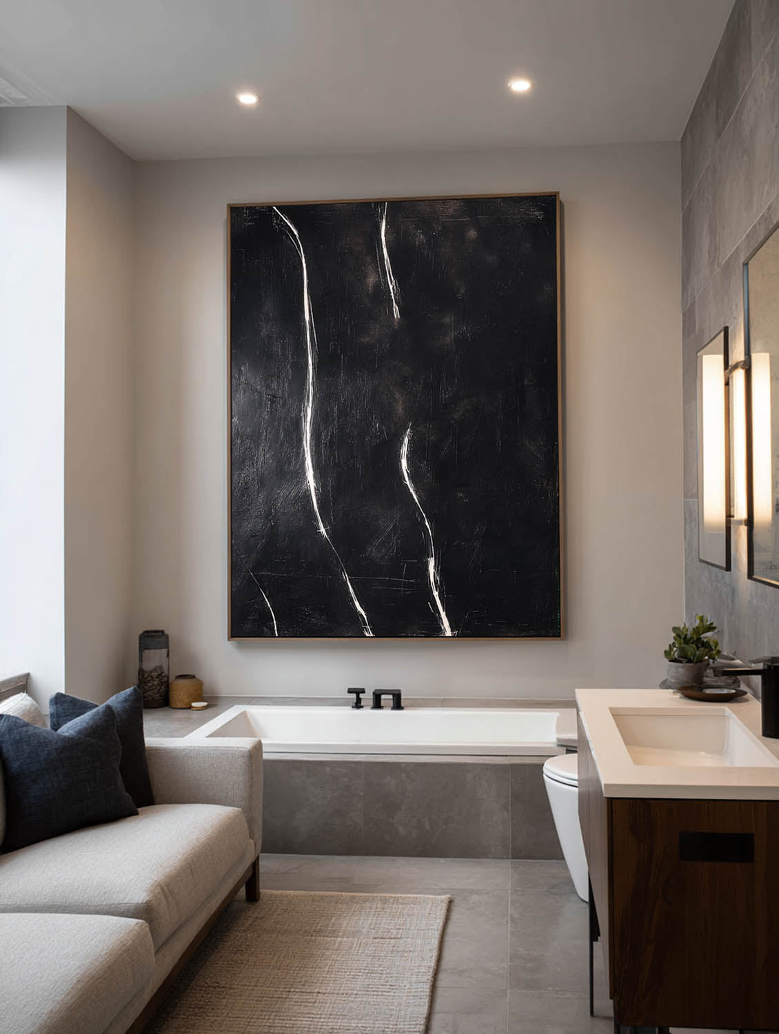 Handmade Black Minimalist Abstract Oil Painting Modern Black Abstract Textured Painting Black Minimalist Line Abstract Painting