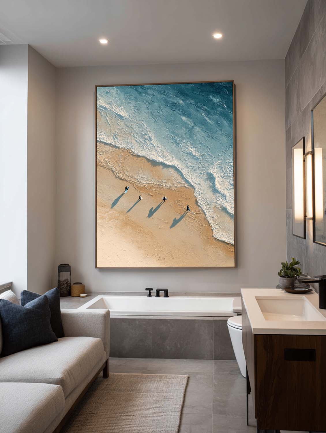 Large Abstract Coastal Scene in Beige and Blue Large Minimalist Surfing Canvas Neutral Brown and Blue Seascape Painting