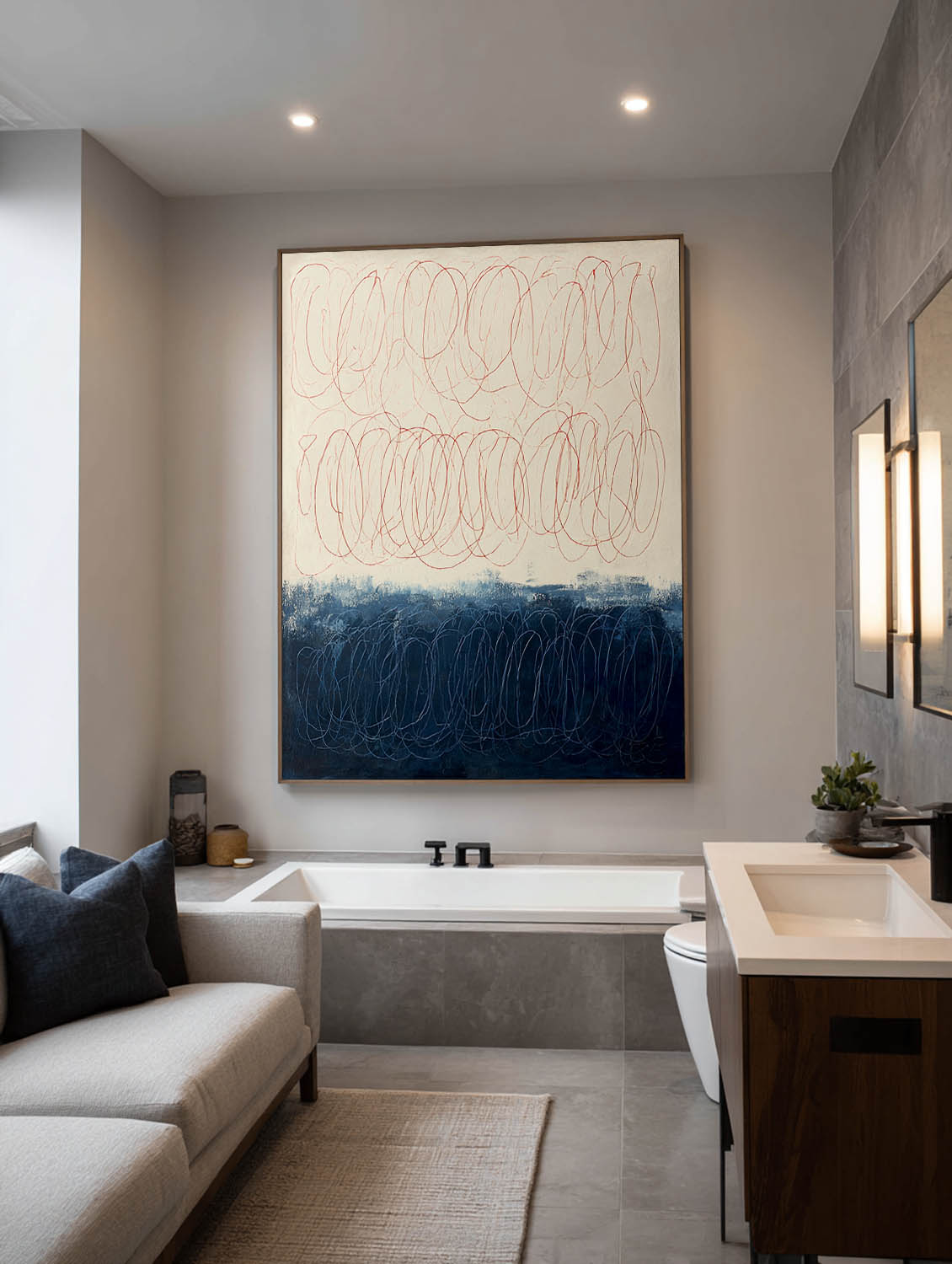 Large Minimalist Beige And Blue Abstract Line Painting Original Hand-Painted Line Wall Art Modern Neutral Beige Line Canvas Decor
