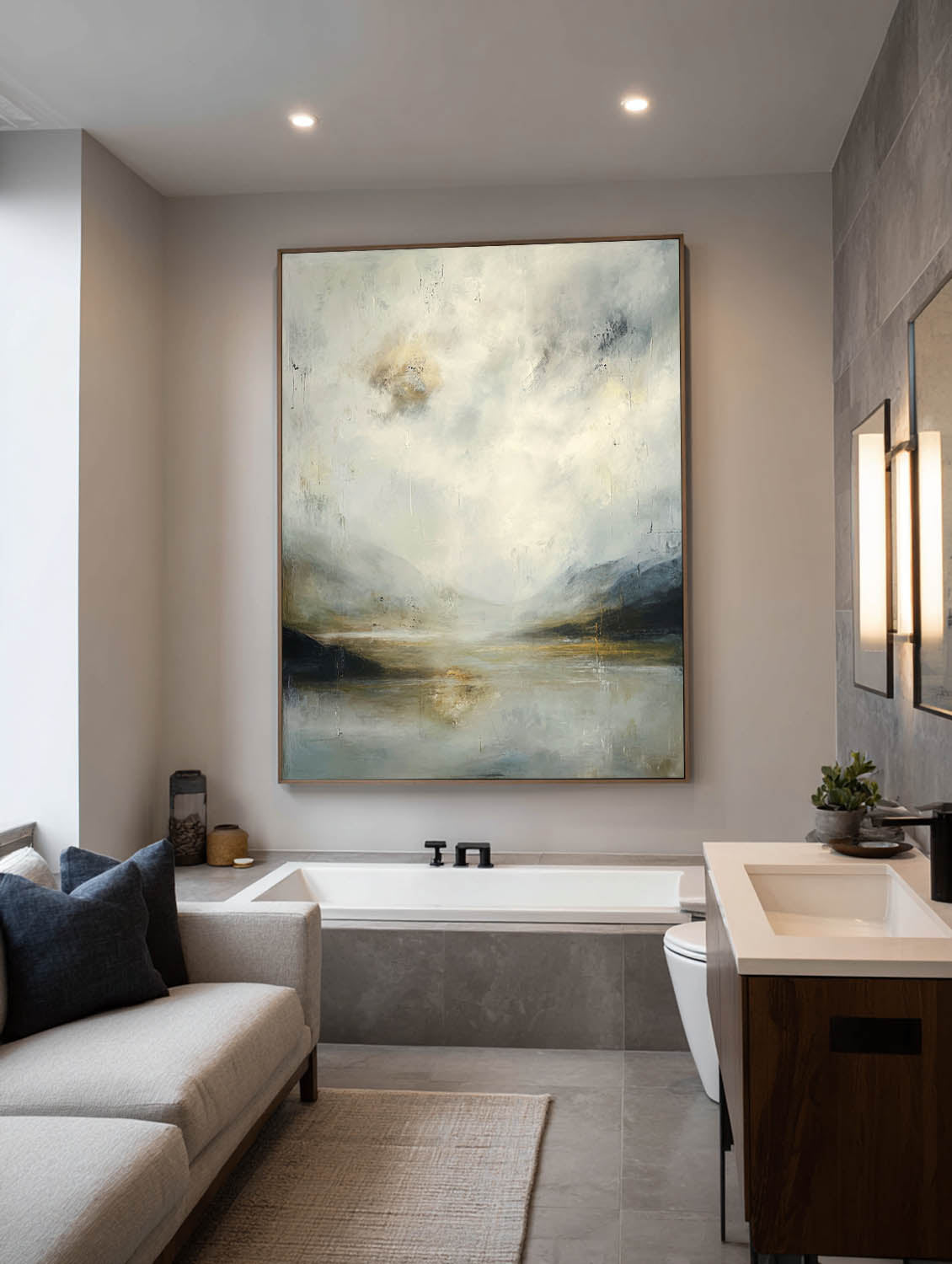 Large Neutral Landscape Oil Painting Minimalist Beige And Gray Lake Canvas Wall Art Original Abstract Lake Wall Art