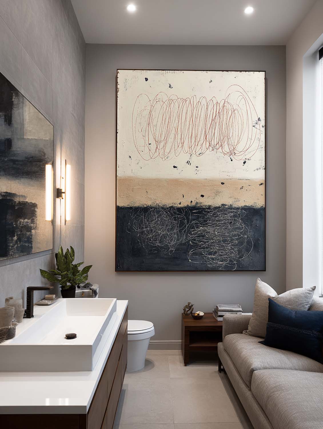 Beige Minimalist Line Wall Art Black Beige Abstract Painting Large Wabi Sabi Oil Painting Beige Abstract Line Art