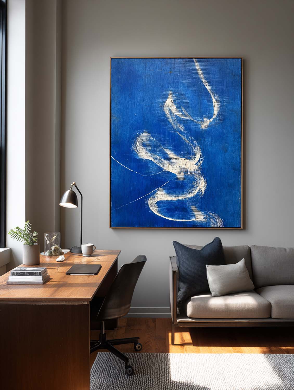 Hand-Painted Blue Abstract Oil Painting Modern Blue And White Abstract Painting Blue Abstract Line Wall Art