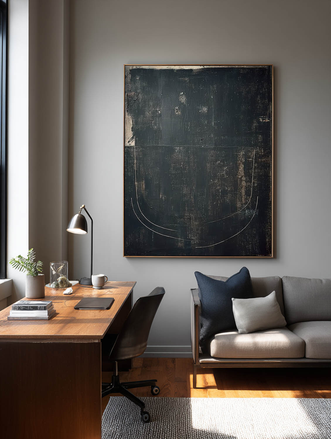 Handmade Black Minimalist Line Texture Painting Modern Handmade Black Abstract Painting Minimal Line Textured Canvas Artwork