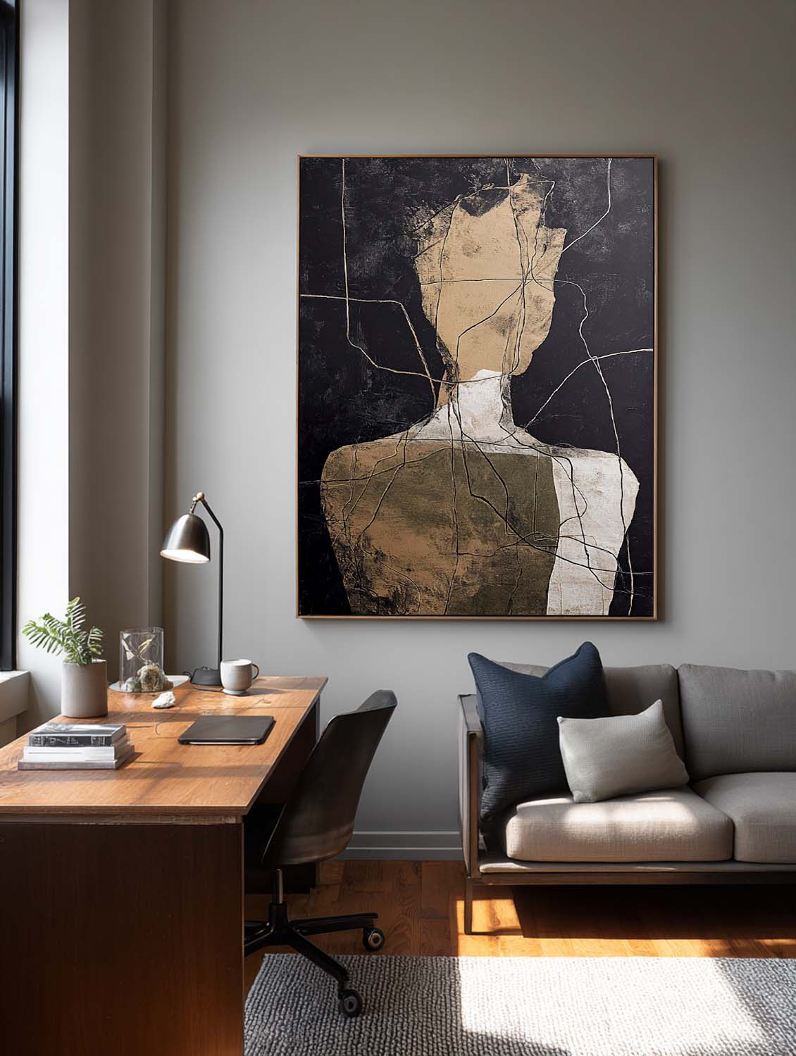 Original Beige And Black Abstract Figure Oil Painting Large Beige Minimalist Line Artwork Black And Beige Abstract People Art