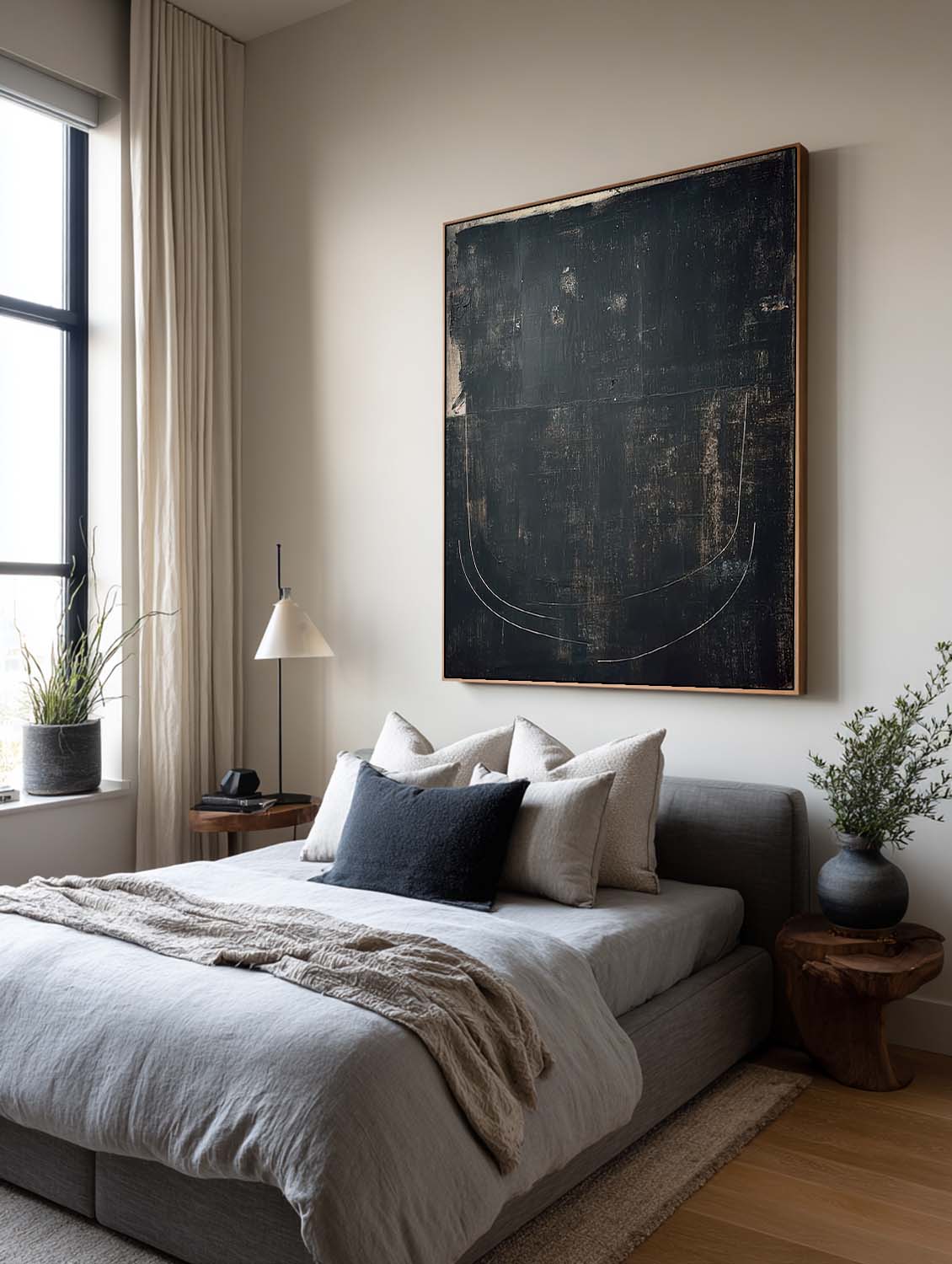 Handmade Black Minimalist Line Texture Painting Modern Handmade Black Abstract Painting Minimal Line Textured Canvas Artwork