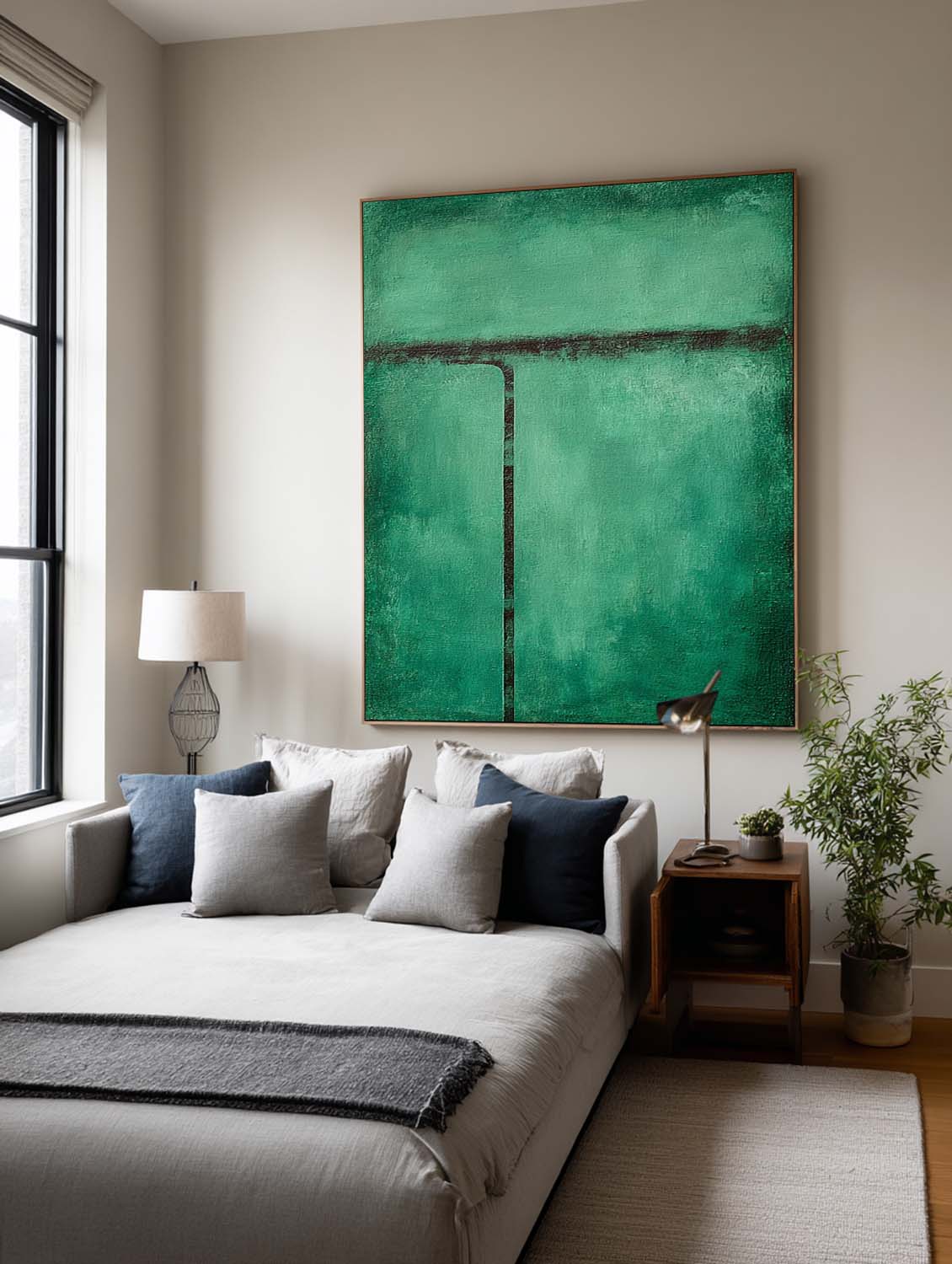 Minimalist Green Abstract Line Painting Handmade Minimalist Abstract Green Painting Modern Minimalist Green Wall Art