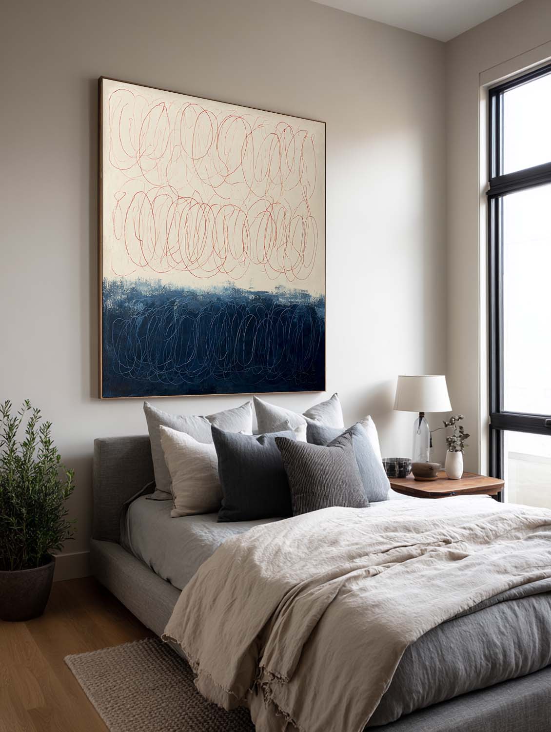 Large Minimalist Beige And Blue Abstract Line Painting Original Hand-Painted Line Wall Art Modern Neutral Beige Line Canvas Decor