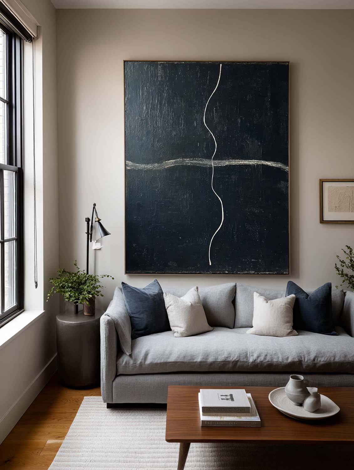 Handmade Modern Black Line Painting Large Minimalist Black Line Wall Art Large Abstract Wall Decor For Living Room