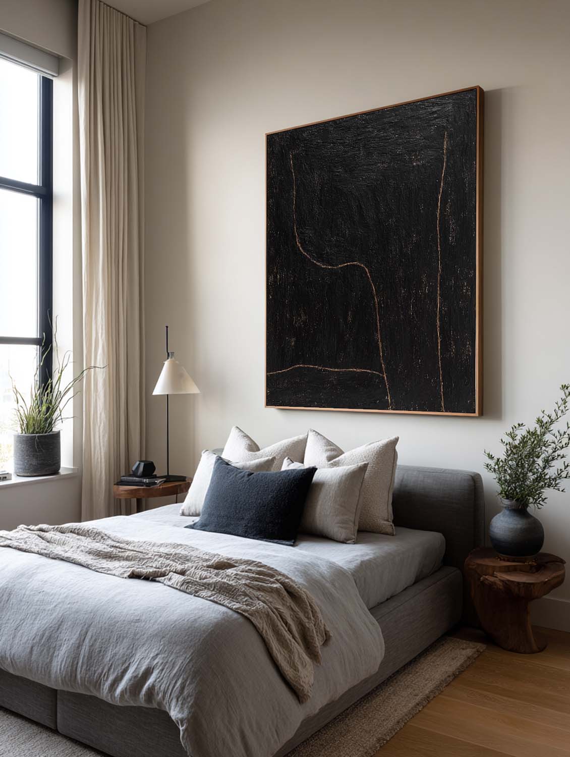 Black Minimalist Line Art Painting On Canvas Handmade Black Abstract Line Artwork Modern Black Textured Line Painting