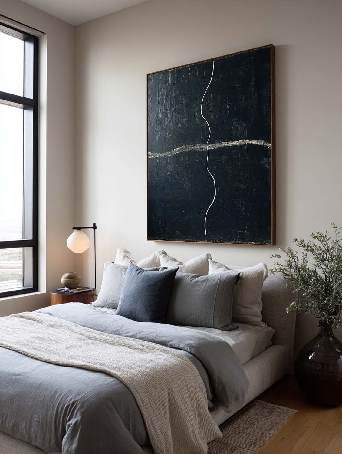 Handmade Modern Black Line Painting Large Minimalist Black Line Wall Art Large Abstract Wall Decor For Living Room