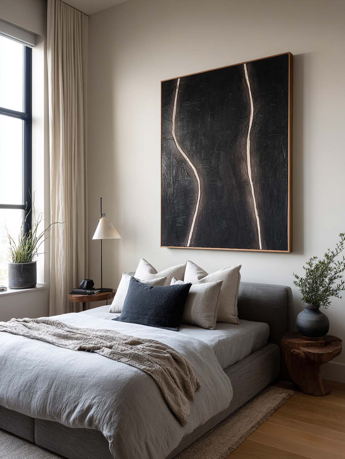 Modern Black Abstract Line Painting Minimalist Black Abstract Line Oil Painting Contemporary Abstract Line Wall Art