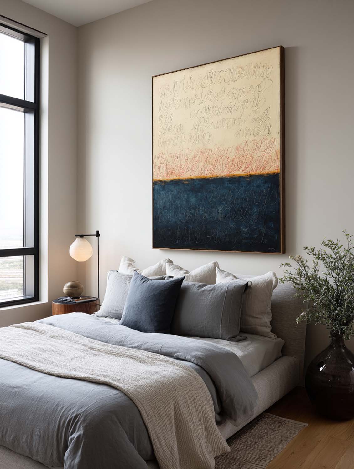 Large Beige and Blue Abstract Line Painting Original Hand-Painted Beige and Deep Blue Abstract Canvas Beige and Blue Abstract Line Art