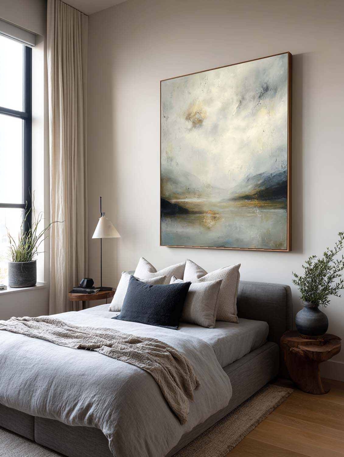 Large Neutral Landscape Oil Painting Minimalist Beige And Gray Lake Canvas Wall Art Original Abstract Lake Wall Art