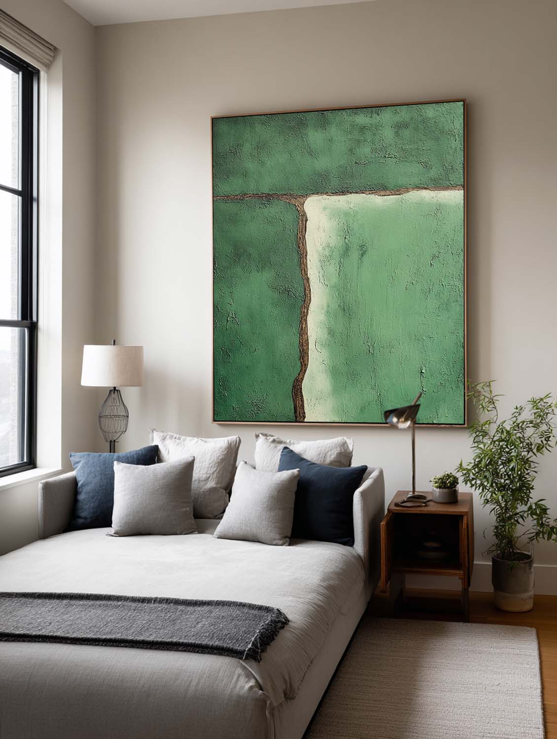 Handmade Green Minimalist Abstract Line Art Modern Handmade Green Textured Abstract Painting Minimal Line Oil Art For Living Room