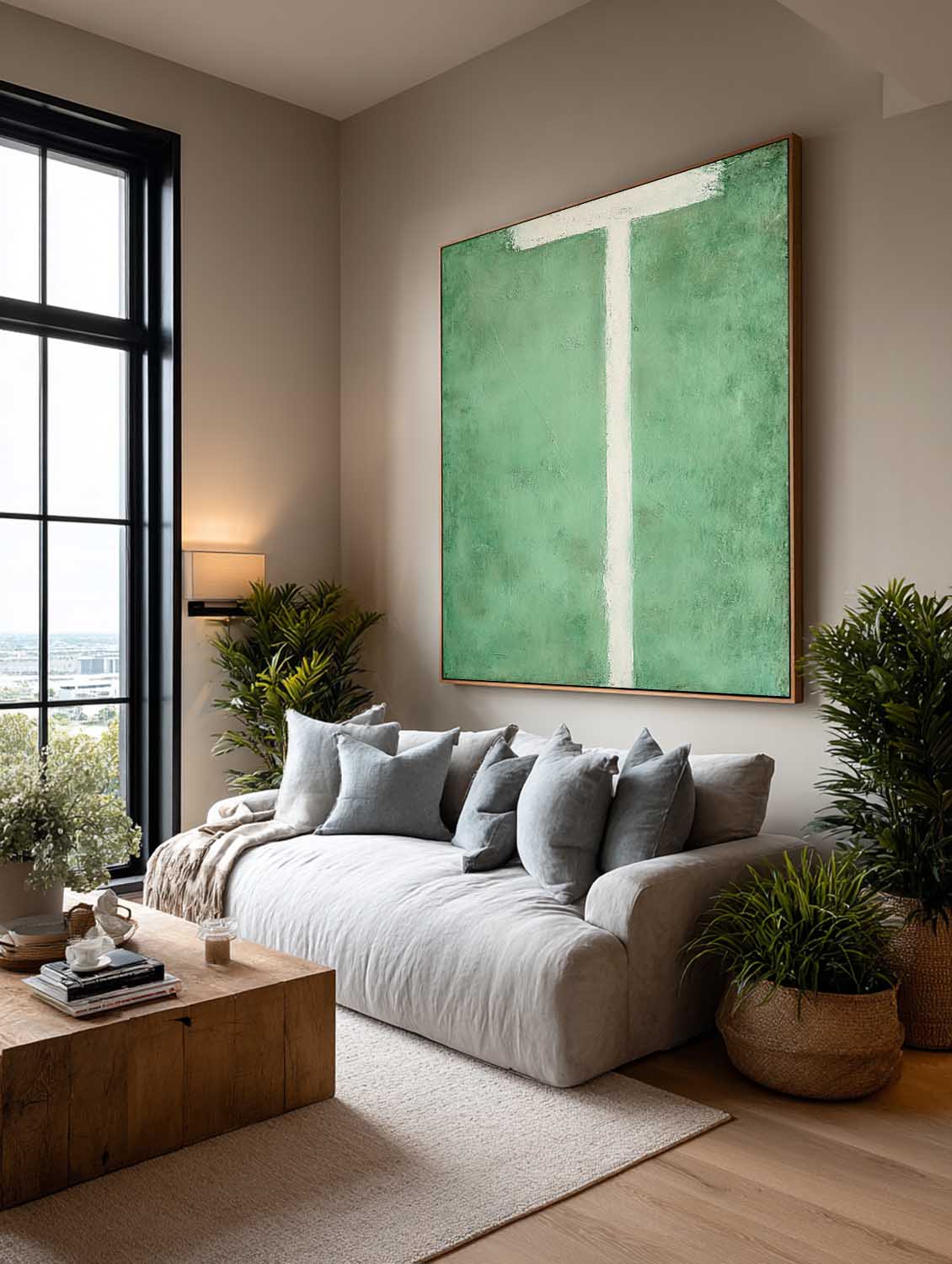 Modern Handmade Green Abstract Painting Minimalist Green Abstract Line Painting Green Minimalist Abstract Wall Art