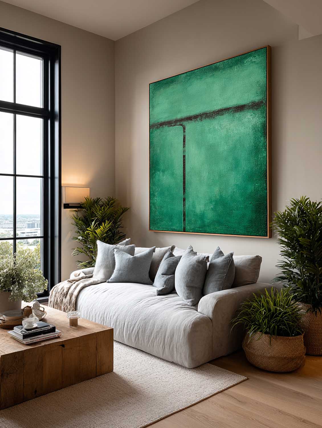 Minimalist Green Abstract Line Painting Handmade Minimalist Abstract Green Painting Modern Minimalist Green Wall Art