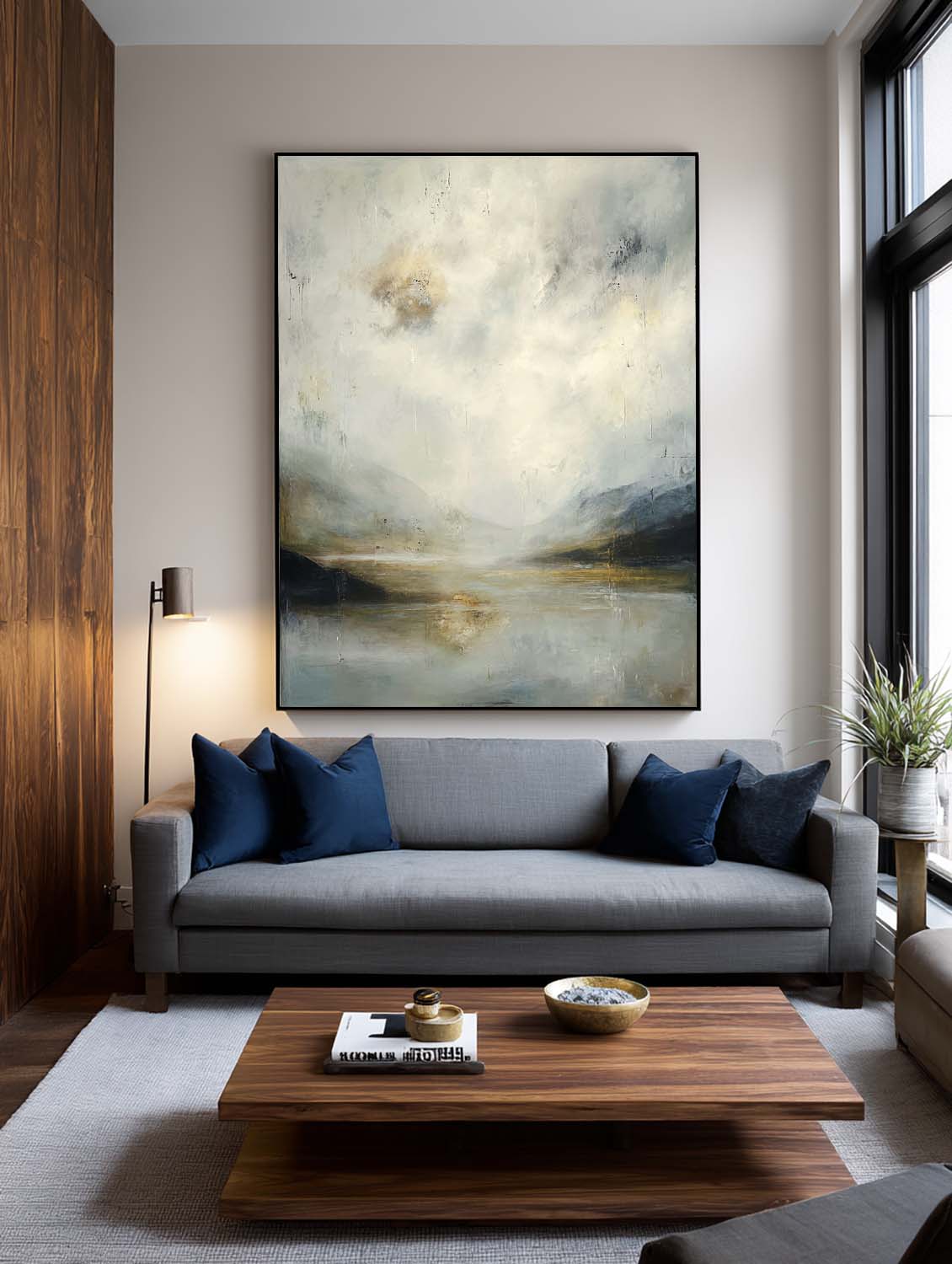 Large Neutral Landscape Oil Painting Minimalist Beige And Gray Lake Canvas Wall Art Original Abstract Lake Wall Art