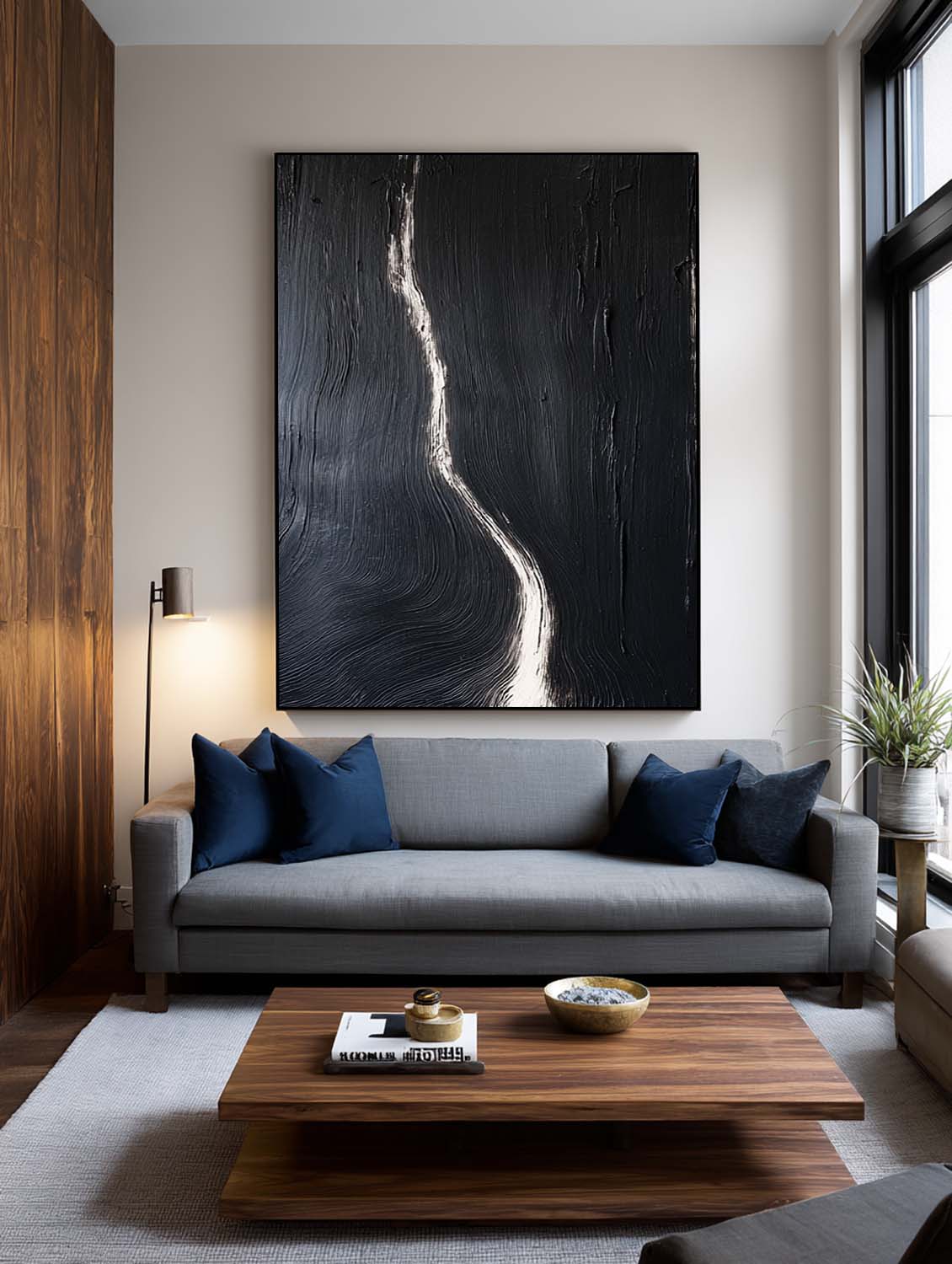 Modern Minimalist Black Oil Painting Contemporary Black Abstract Line Painting Large Black Abstract Texture Wall Art