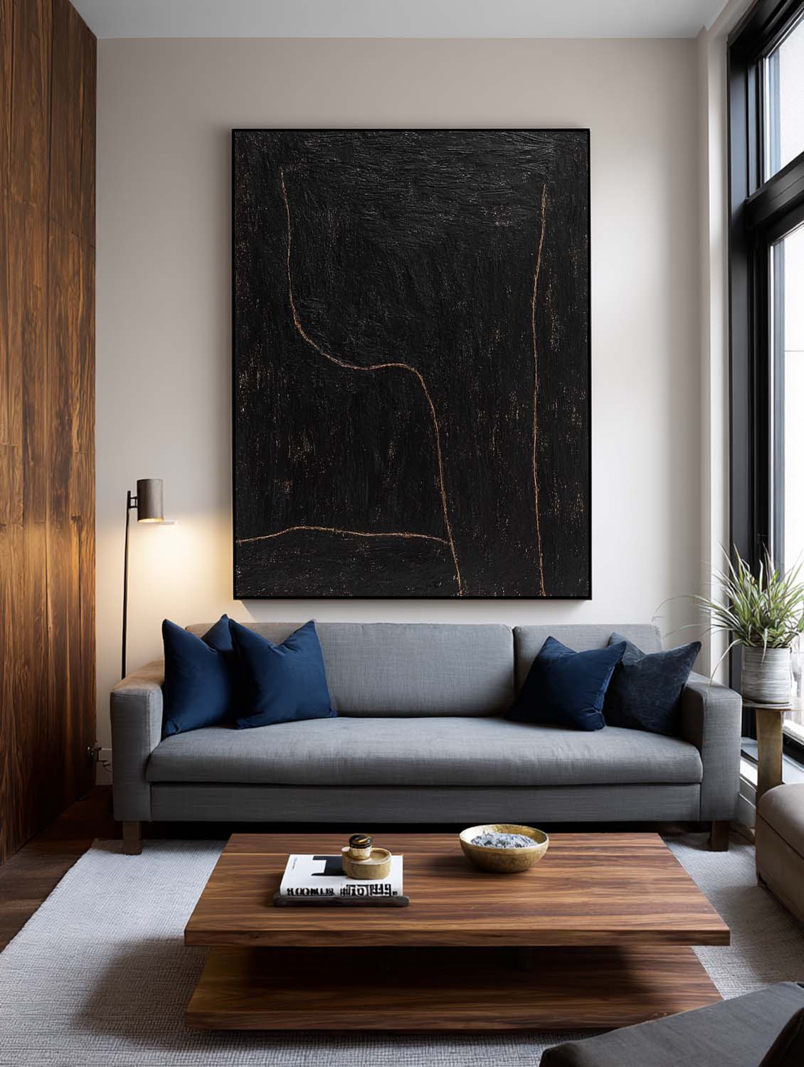 Black Minimalist Line Art Painting On Canvas Handmade Black Abstract Line Artwork Modern Black Textured Line Painting