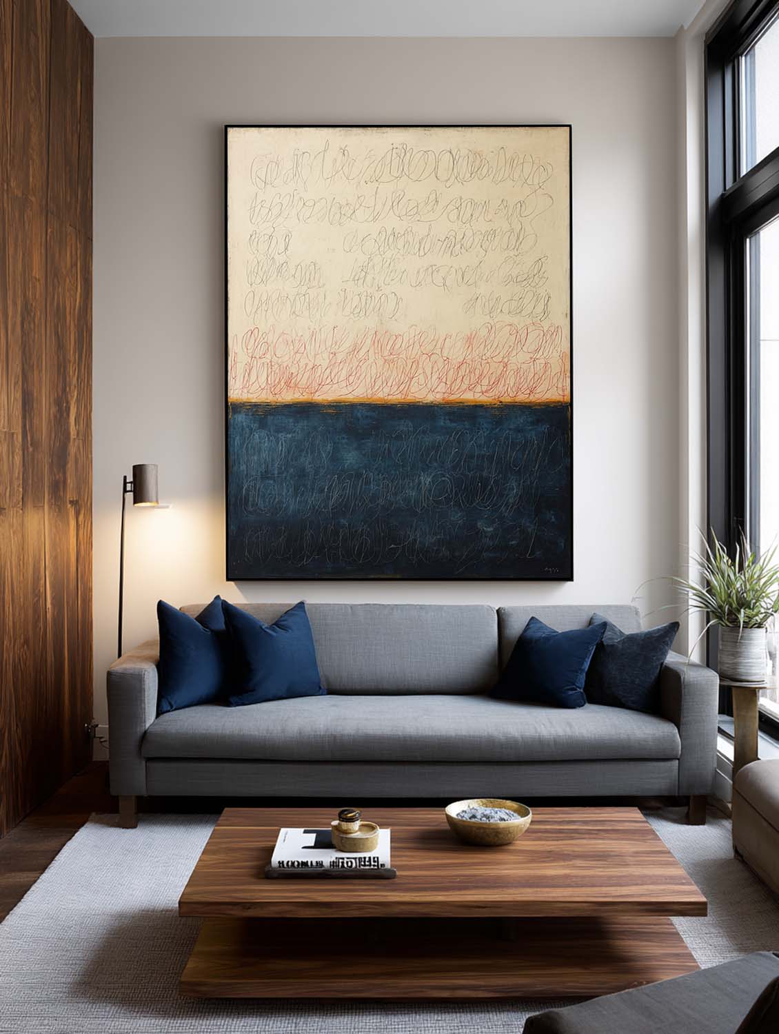 Large Beige and Blue Abstract Line Painting Original Hand-Painted Beige and Deep Blue Abstract Canvas Beige and Blue Abstract Line Art