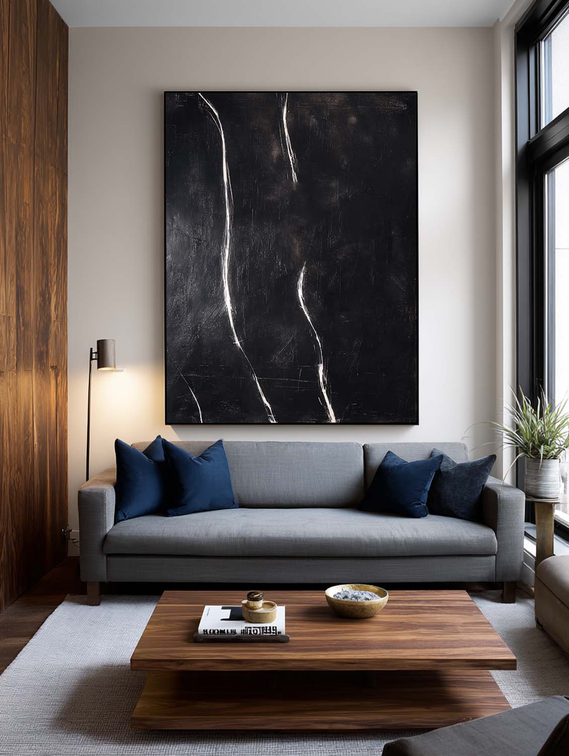 Handmade Black Minimalist Abstract Oil Painting Modern Black Abstract Textured Painting Black Minimalist Line Abstract Painting