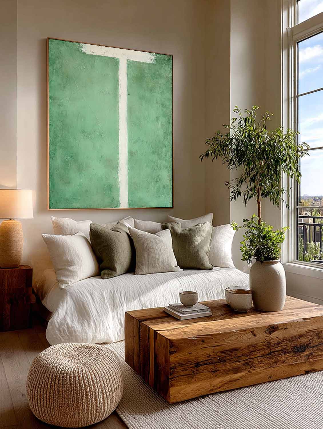 Modern Handmade Green Abstract Painting Minimalist Green Abstract Line Painting Green Minimalist Abstract Wall Art