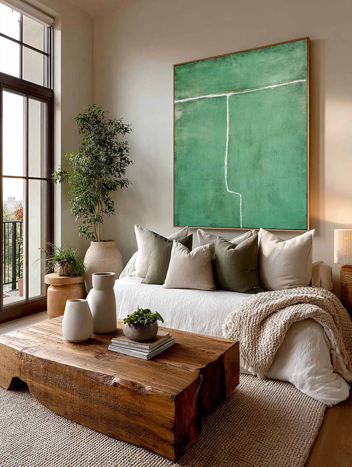 Modern Green Abstract Line Art Painting Contemporary Green Abstract Painting Green Minimalist Abstract Wall Art