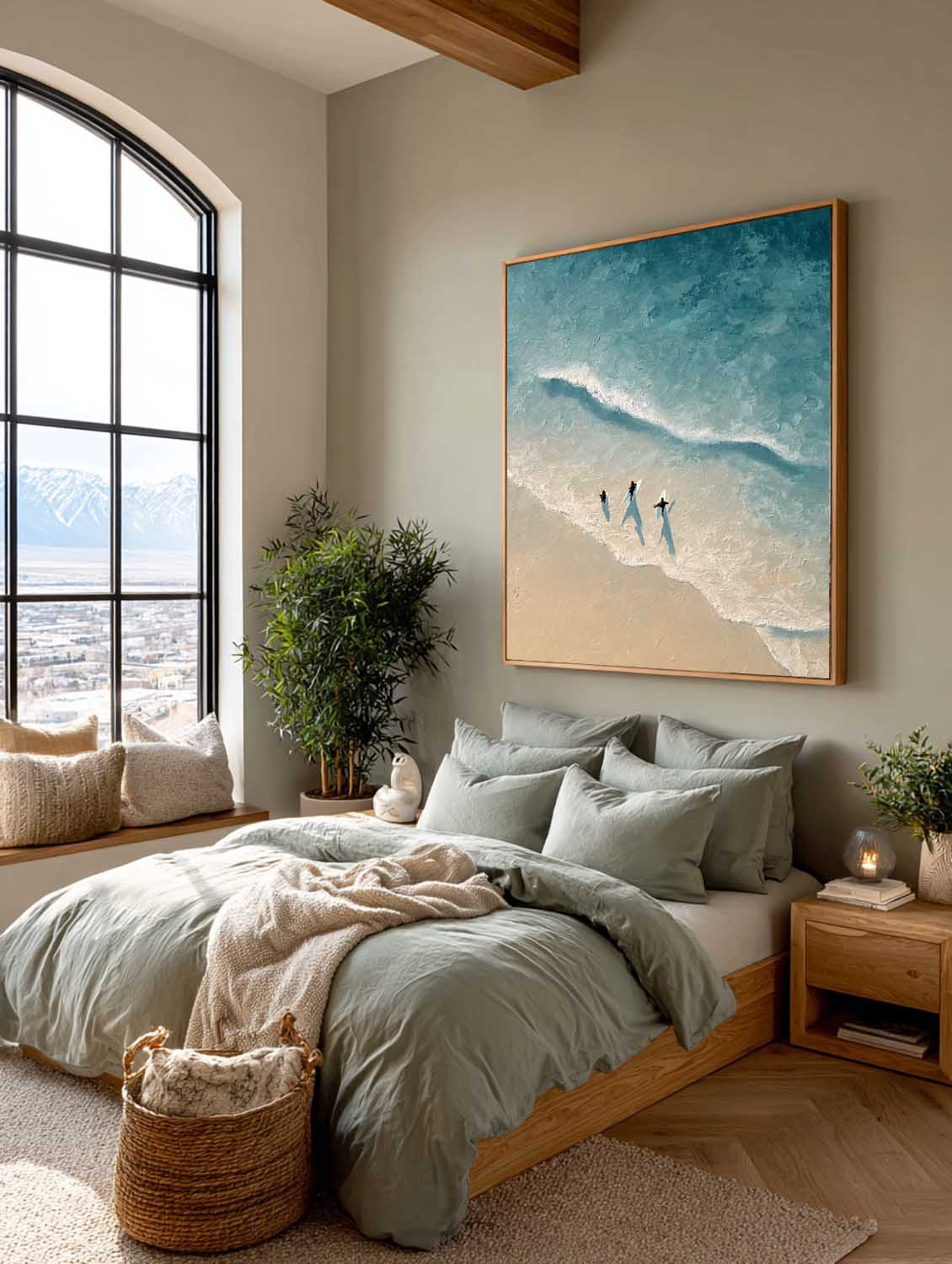 Handmade Blue and White Ocean Abstract Painting Blue and Beige Textured Surfing Wall Art Neutral Coastal Wall Decor