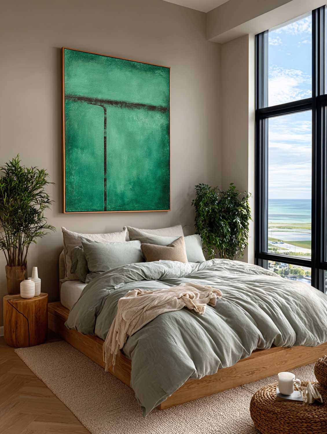 Minimalist Green Abstract Line Painting Handmade Minimalist Abstract Green Painting Modern Minimalist Green Wall Art