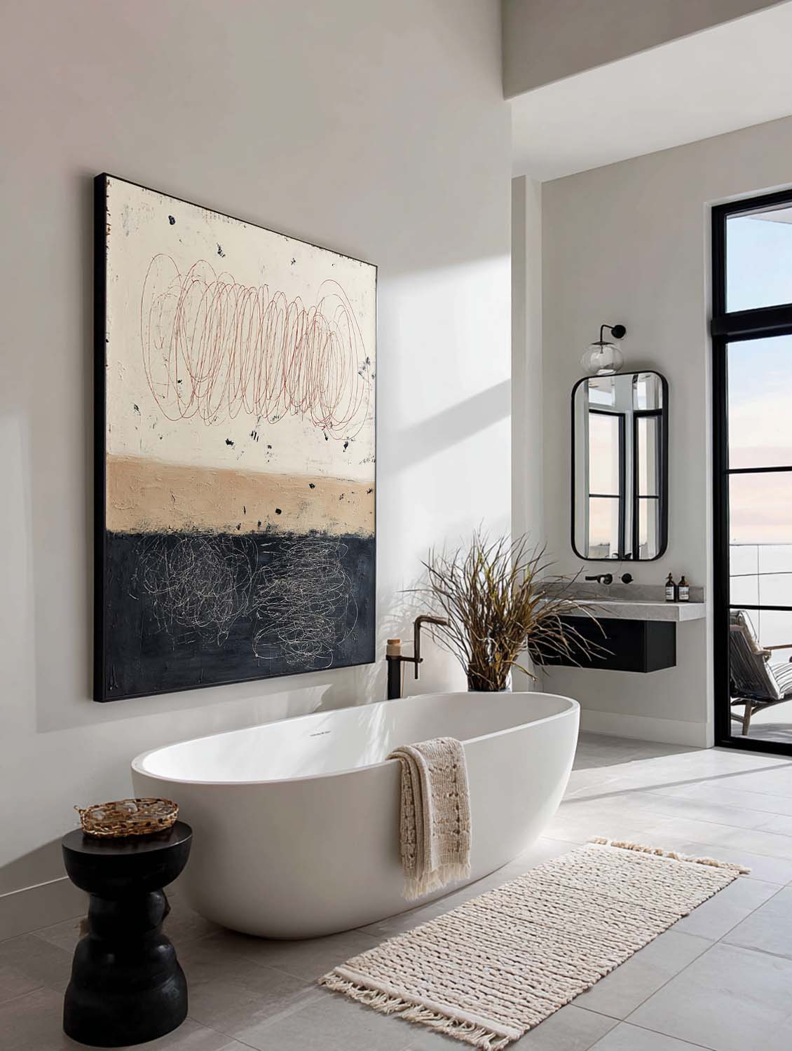 Beige Minimalist Line Wall Art Black Beige Abstract Painting Large Wabi Sabi Oil Painting Beige Abstract Line Art