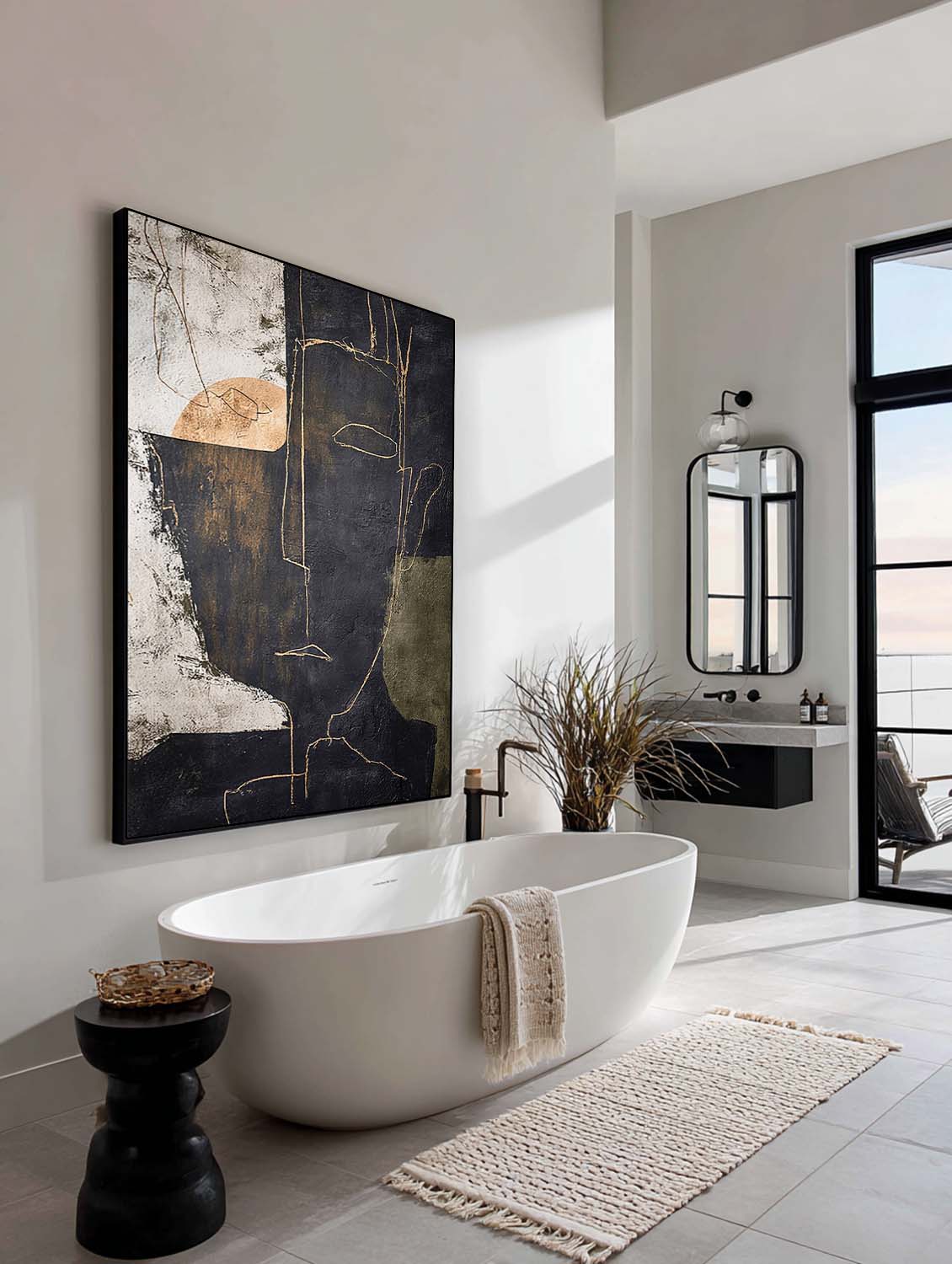 Handmade Black Beige Abstract Portrait Painting Large Black Abstract Face Oil Painting Original Minimalist Line Artwork