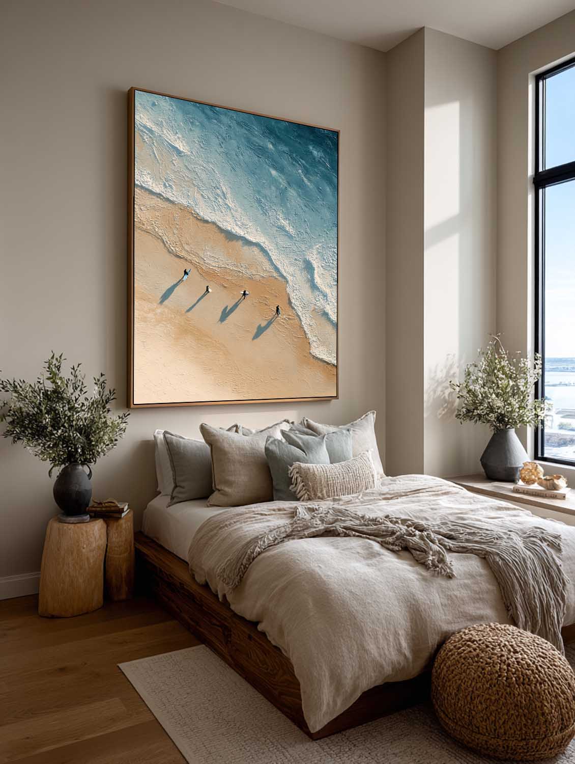 Large Abstract Coastal Scene in Beige and Blue Large Minimalist Surfing Canvas Neutral Brown and Blue Seascape Painting